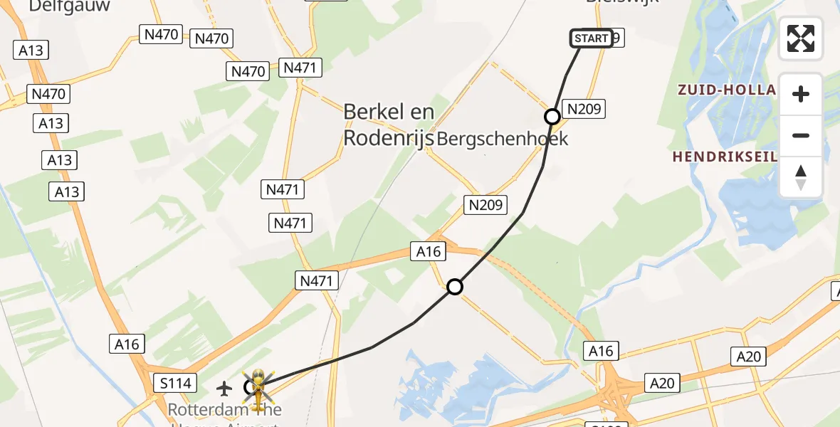 Vluchtroute Traumahelikopter Bleiswijk - Rotterdam The Hague Airport, 23 mei 2026, 12:14