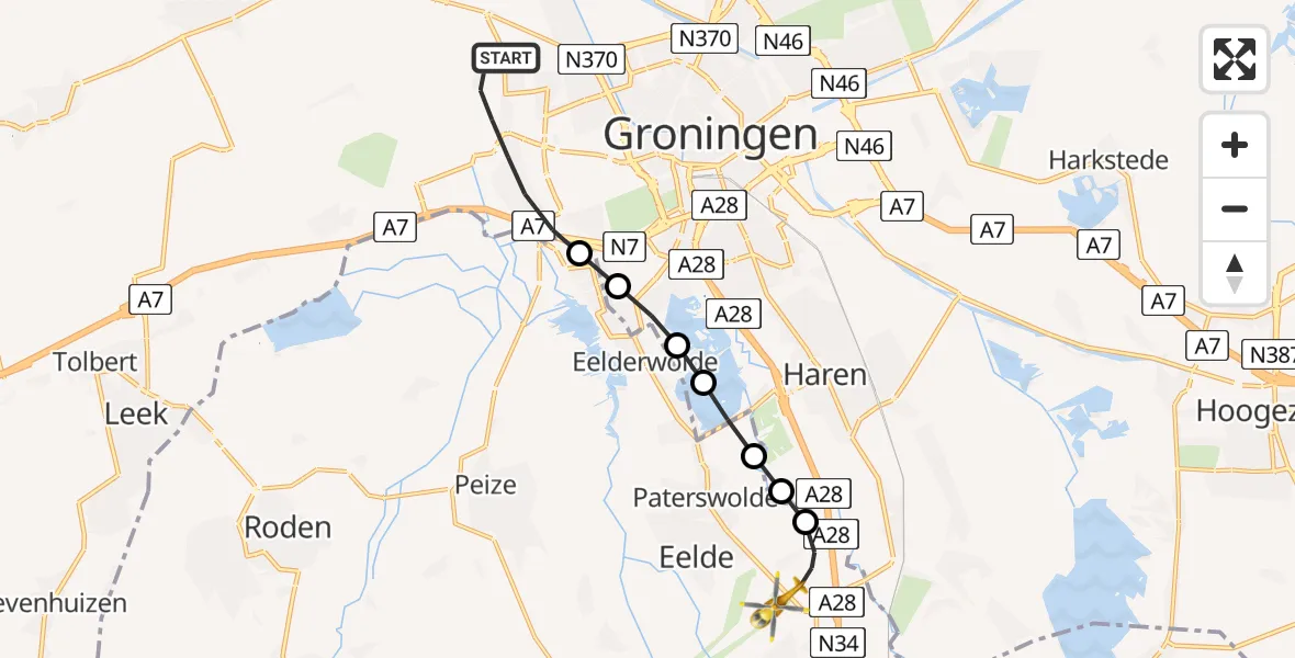 Vluchtroute Traumahelikopter Groningen - Groningen Airport Eelde, 23 mei 2026, 13:05