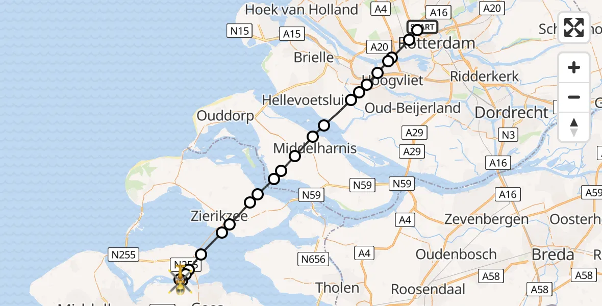 Vluchtroute Traumahelikopter Rotterdam The Hague Airport - Veerse Meer, 23 mei 2026, 13:51