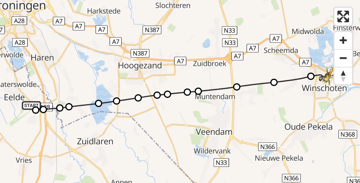 Vluchtroute Traumahelikopter Groningen Airport Eelde - Winschoten, 23 mei 2026, 14:27