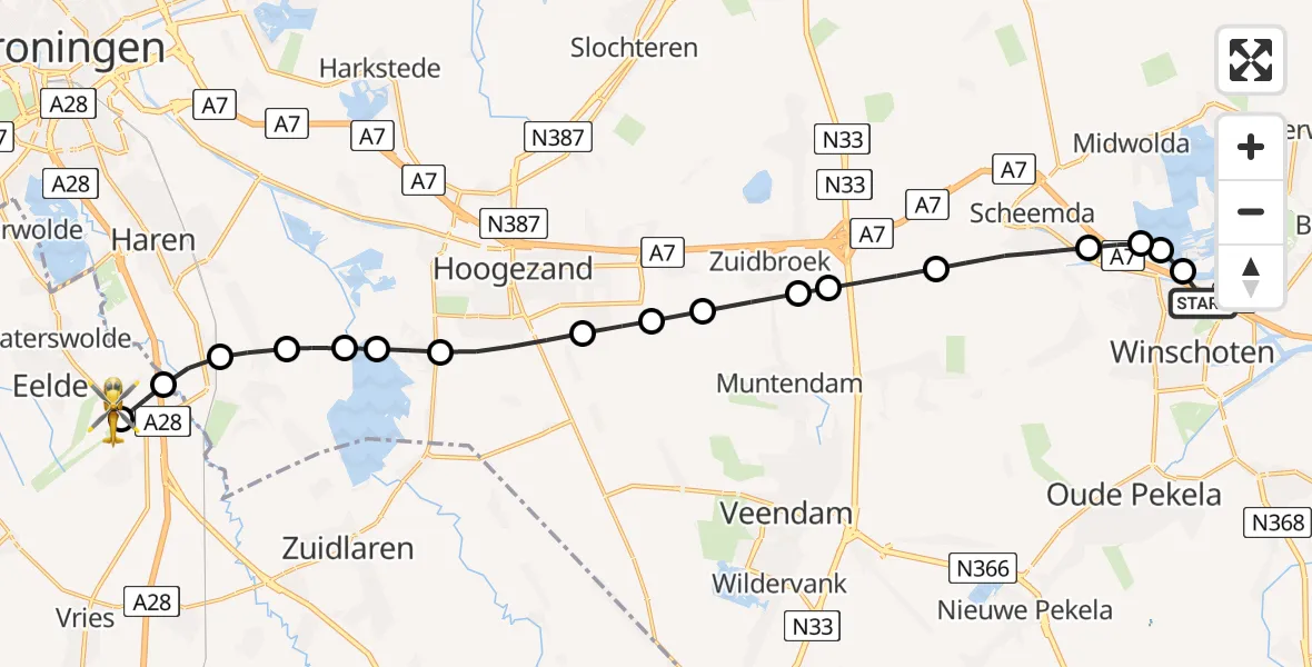 Vluchtroute Traumahelikopter Winschoten - Groningen Airport Eelde, 23 mei 2026, 15:07
