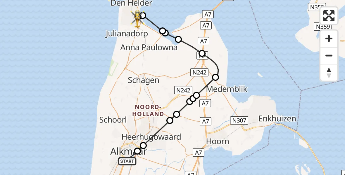 Vluchtroute Ambulancehelikopter Alkmaar - Militair vliegveld De Kooy / Den Helder Airport, 23 mei 2026, 15:10