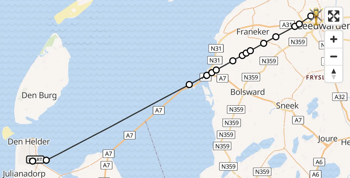 Vluchtroute Ambulancehelikopter Militair vliegveld De Kooy / Den Helder Airport - Vliegbasis Leeuwarden, 23 mei 2026, 15:45