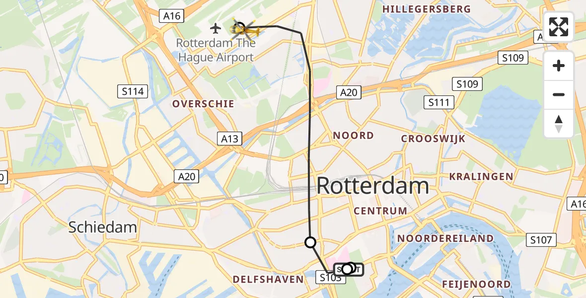 Vluchtroute Traumahelikopter Leids Universitair Medisch Centrum (LUMC) - Rotterdam The Hague Airport, 23 mei 2026, 16:03