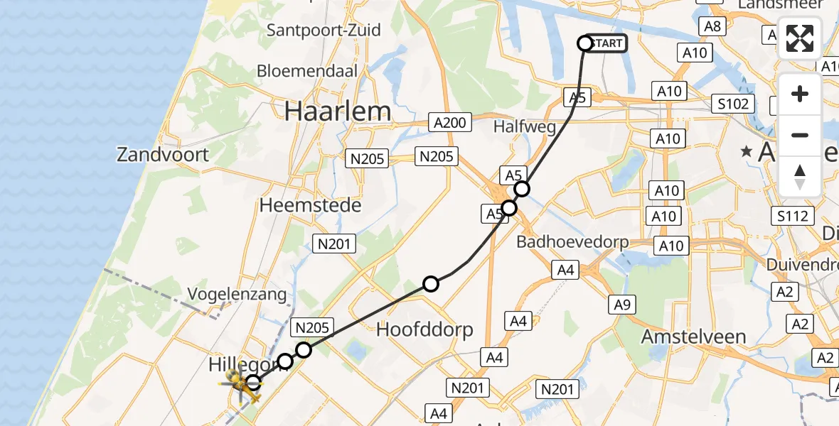 Vluchtroute Traumahelikopter Amsterdam Heliport - Hillegom, 23 mei 2026, 16:12