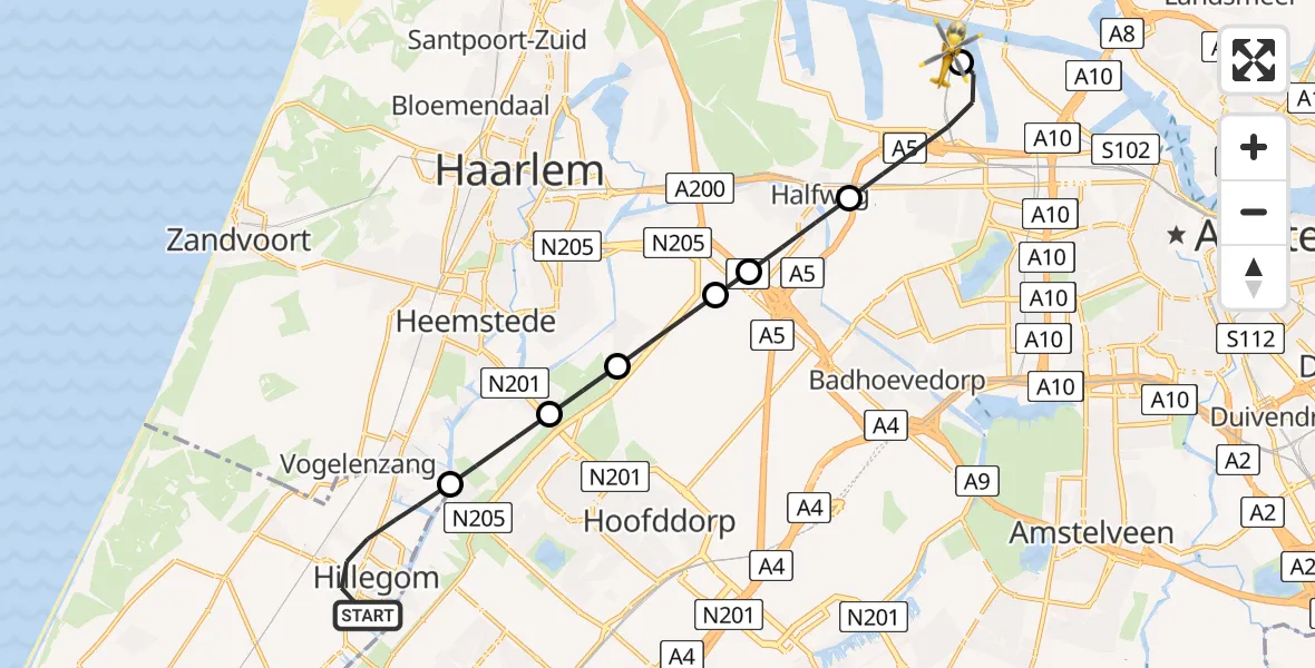 Vluchtroute Traumahelikopter Hillegom - Amsterdam Heliport, 23 mei 2026, 16:48