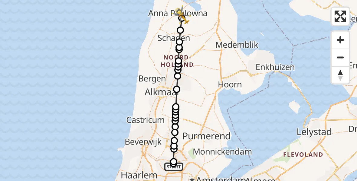 Vluchtroute Traumahelikopter Amsterdam Heliport - Anna Paulowna, 23 mei 2026, 17:31