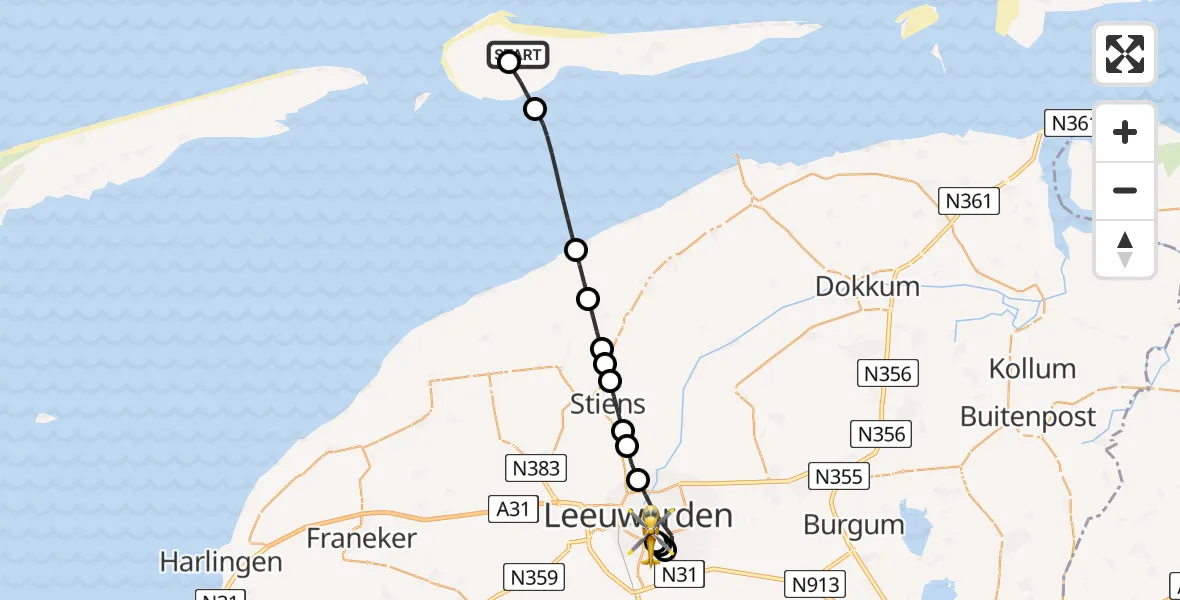 Vluchtroute Ambulancehelikopter Ameland Vliegveld Ballum - Leeuwarden Medical Center Heliport, 23 mei 2026, 18:45