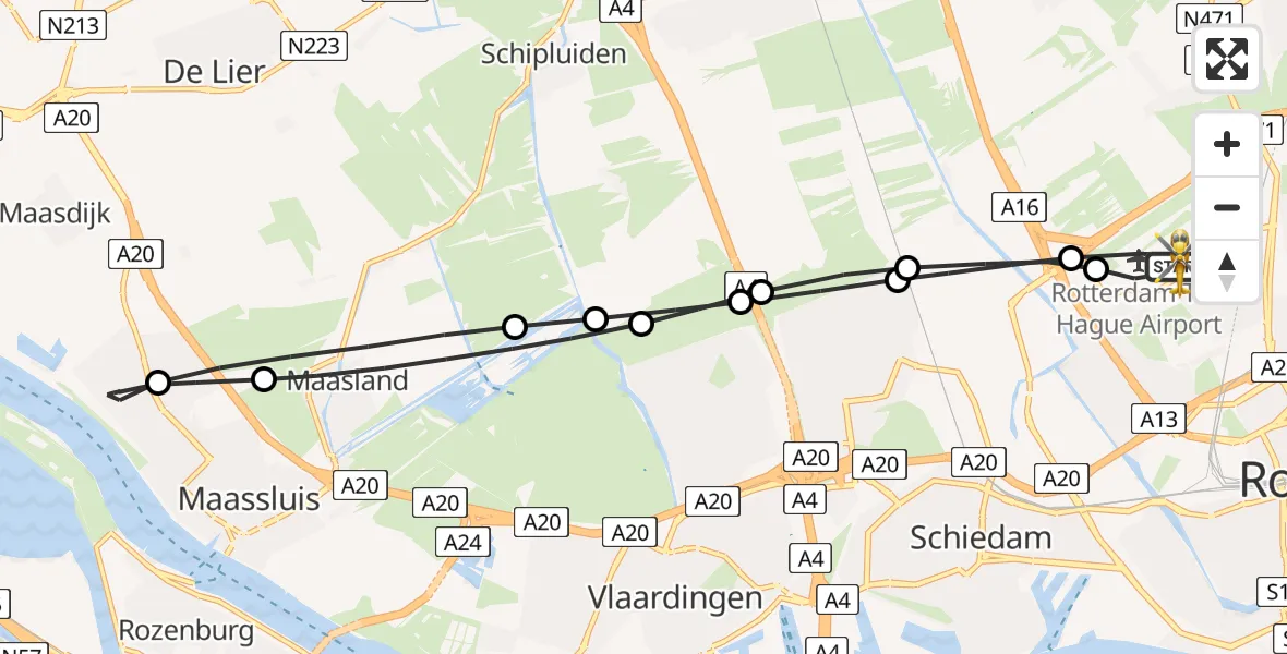 Vluchtroute Traumahelikopter Rotterdam The Hague Airport - Rotterdam The Hague Airport, 23 mei 2026, 19:49