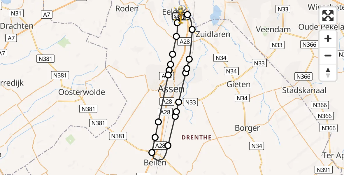 Vluchtroute Traumahelikopter Groningen Airport Eelde - Groningen Airport Eelde, 23 mei 2026, 21:12