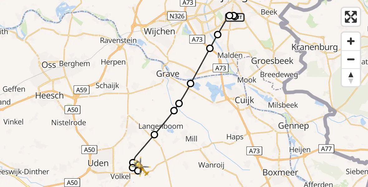 Vluchtroute Traumahelikopter Radboud Universitair Medisch Centrum - Vliegbasis Volkel, 23 mei 2026, 21:16