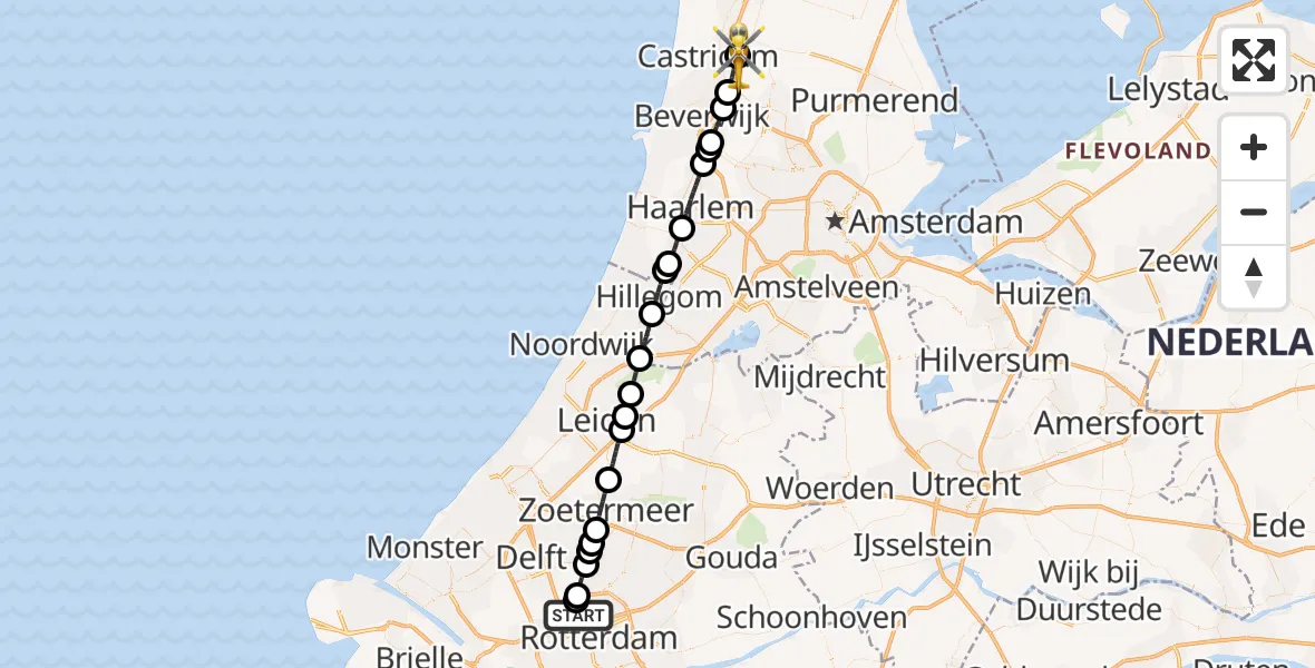 Vluchtroute Traumahelikopter Rotterdam The Hague Airport - Akersloot, 23 mei 2026, 22:10
