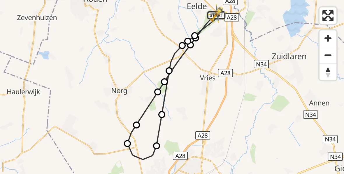 Vluchtroute Traumahelikopter Groningen Airport Eelde - Groningen Airport Eelde, 23 mei 2026, 22:11