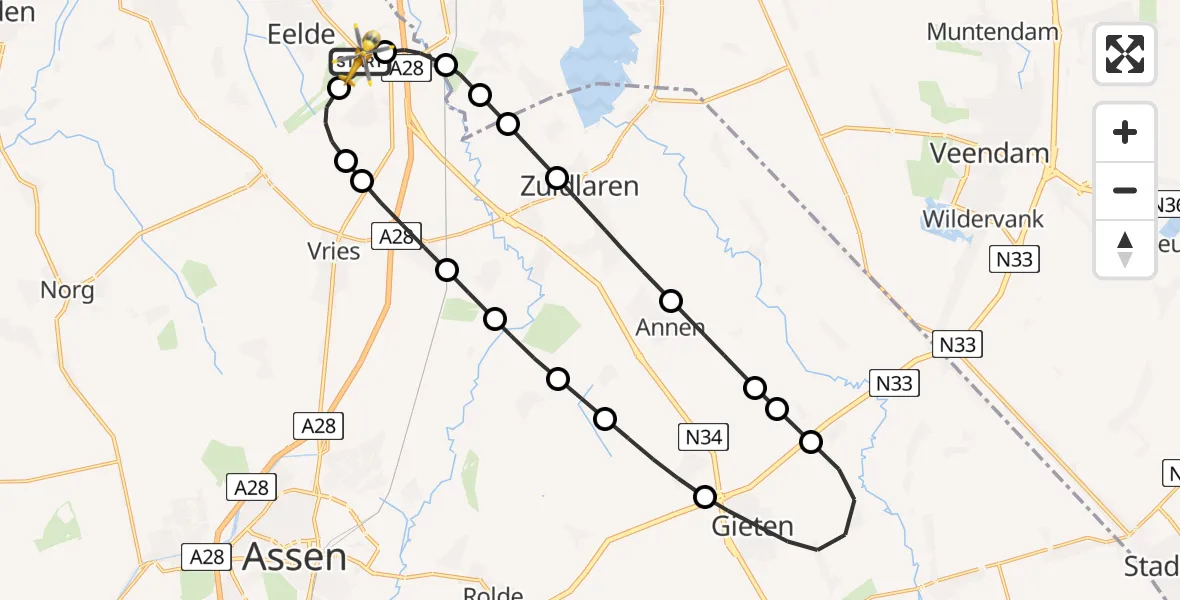 Vluchtroute Traumahelikopter Groningen Airport Eelde - Groningen Airport Eelde, 23 mei 2026, 22:40