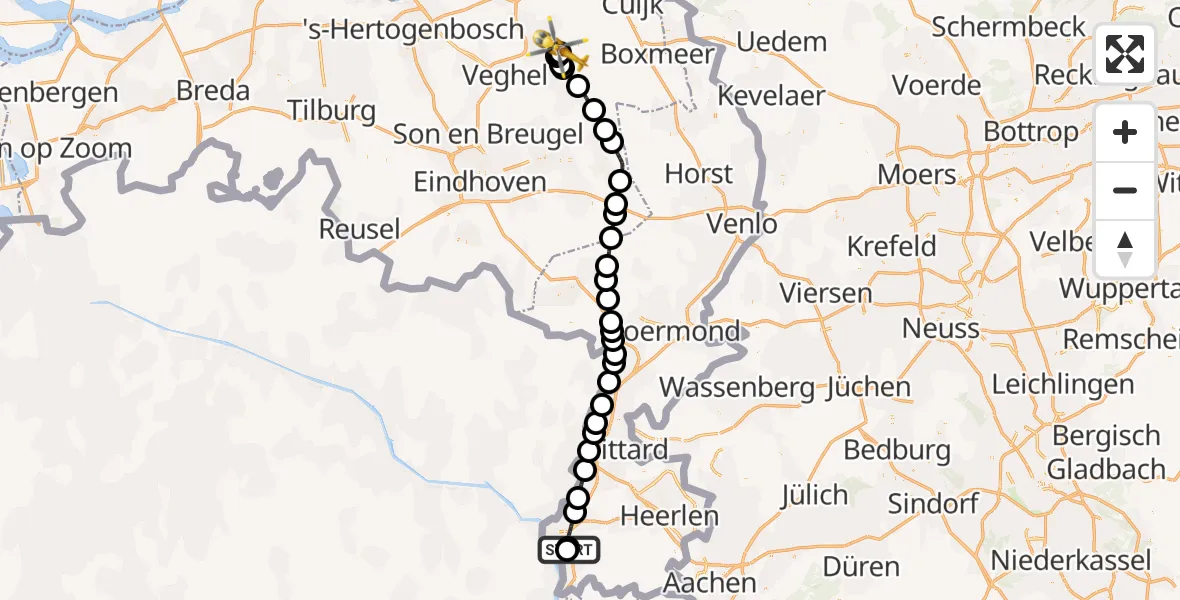 Vluchtroute Traumahelikopter Maastricht UMC+ - Vliegbasis Volkel, 23 mei 2026, 23:08