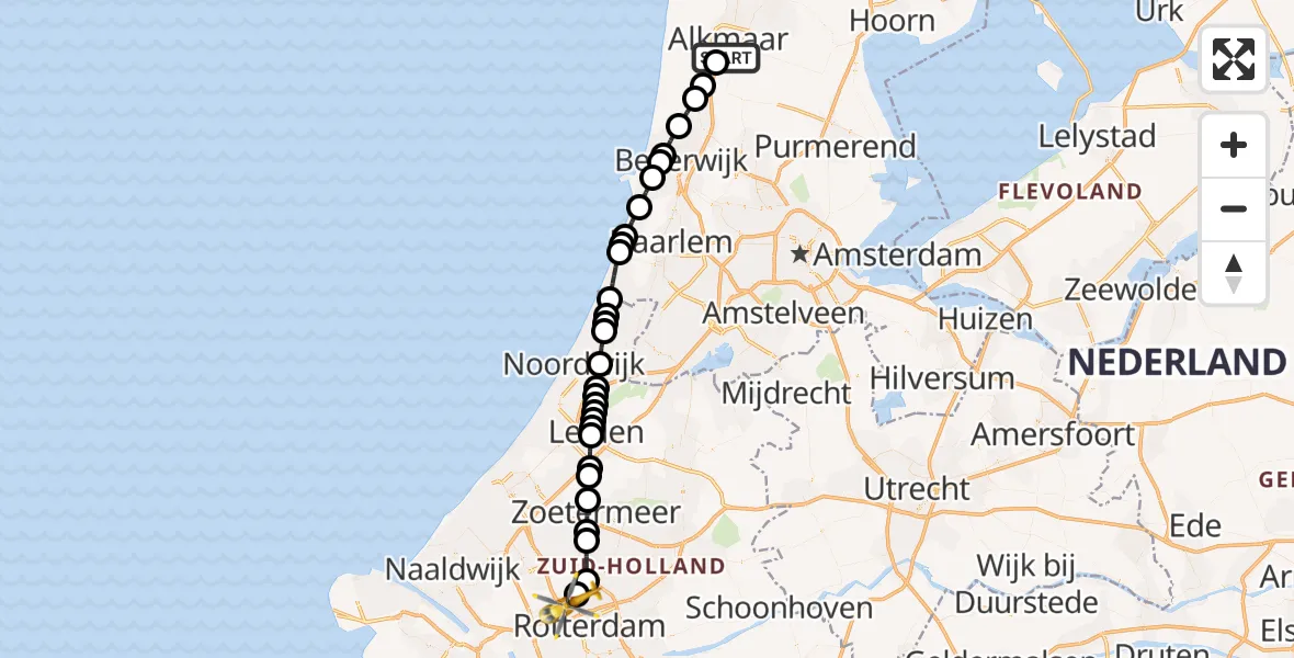Vluchtroute Traumahelikopter Alkmaar - Rotterdam The Hague Airport, 23 mei 2026, 23:21