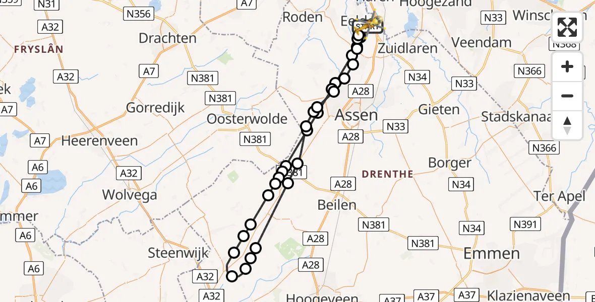 Vluchtroute Traumahelikopter Groningen Airport Eelde - Groningen Airport Eelde, 24 mei 2026, 00:01