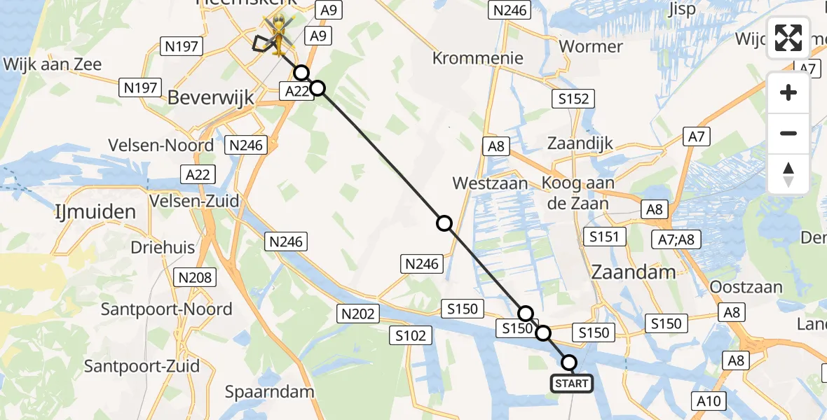 Vluchtroute Traumahelikopter Amsterdam Heliport - Heemskerk, 24 mei 2026, 01:55
