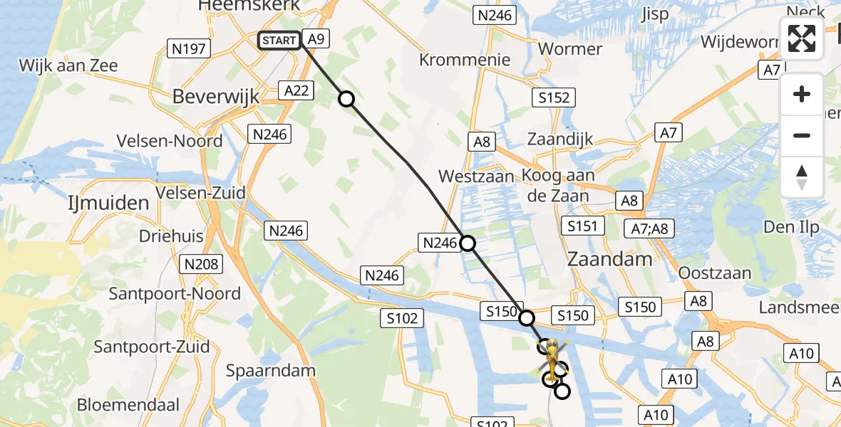 Vluchtroute Traumahelikopter Heemskerk - Amsterdam Heliport, 24 mei 2026, 02:23