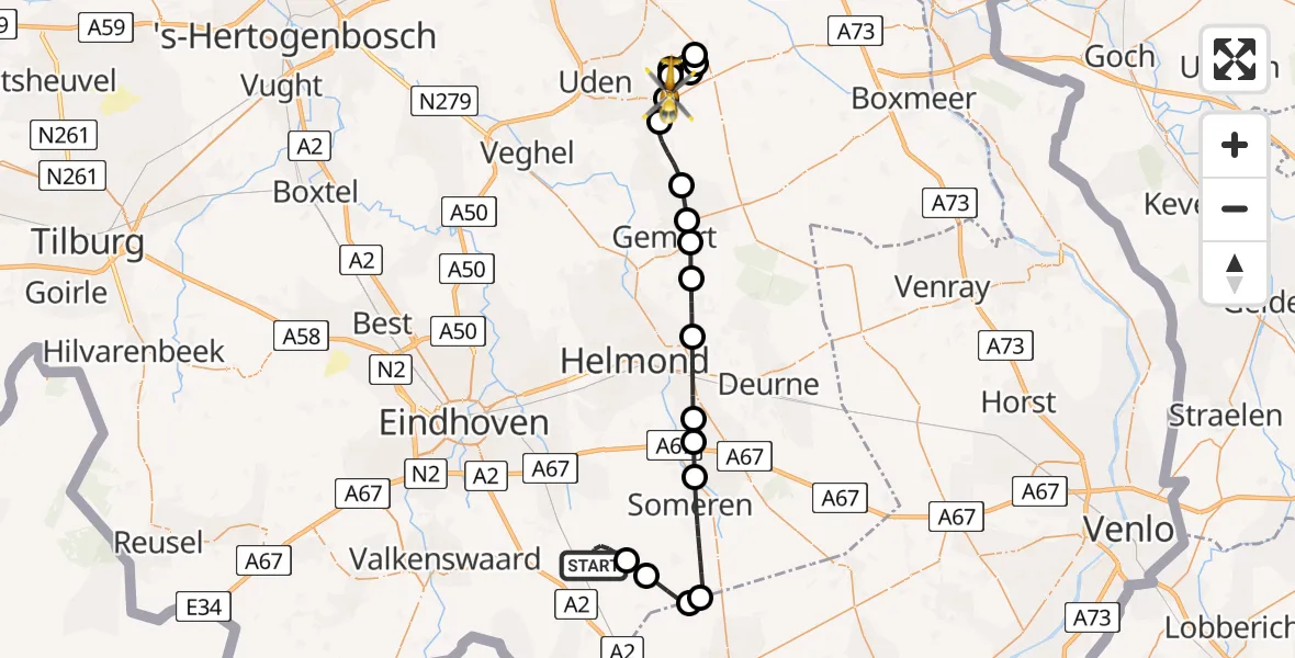 Vluchtroute Traumahelikopter Sterksel - Vliegbasis Volkel, 24 mei 2026, 03:15