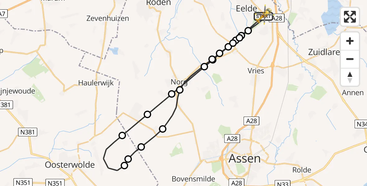 Vluchtroute Traumahelikopter Groningen Airport Eelde - Groningen Airport Eelde, 24 mei 2026, 03:34