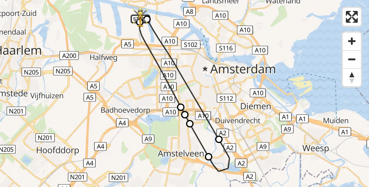 Vluchtroute Traumahelikopter Amsterdam Heliport - Amsterdam Heliport, 24 mei 2026, 04:31