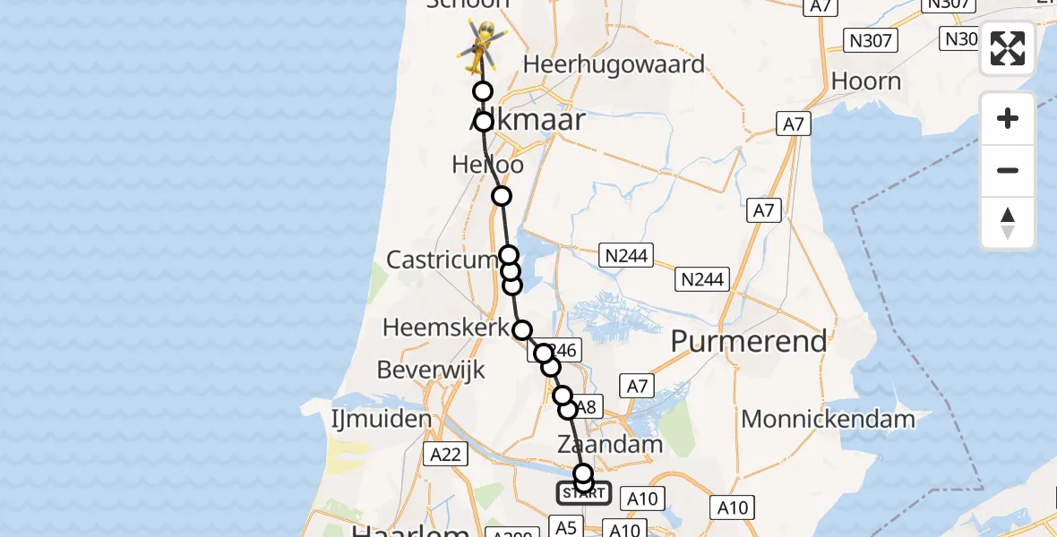 Vluchtroute Traumahelikopter Amsterdam Heliport - Bergen (NH), 24 mei 2026, 05:38