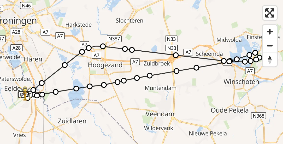 Vluchtroute Traumahelikopter Groningen Airport Eelde - Groningen Airport Eelde, 24 mei 2026, 06:20