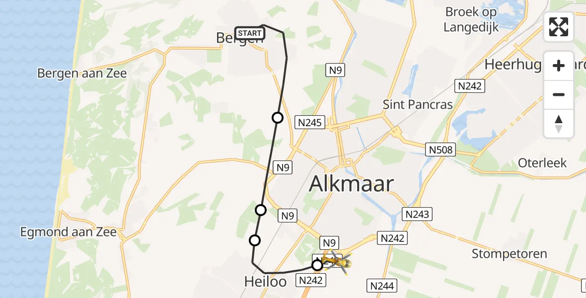 Vluchtroute Traumahelikopter Bergen (NH) - Alkmaar, 24 mei 2026, 06:20