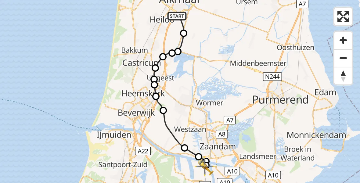 Vluchtroute Traumahelikopter Alkmaar - Amsterdam Heliport, 24 mei 2026, 06:46