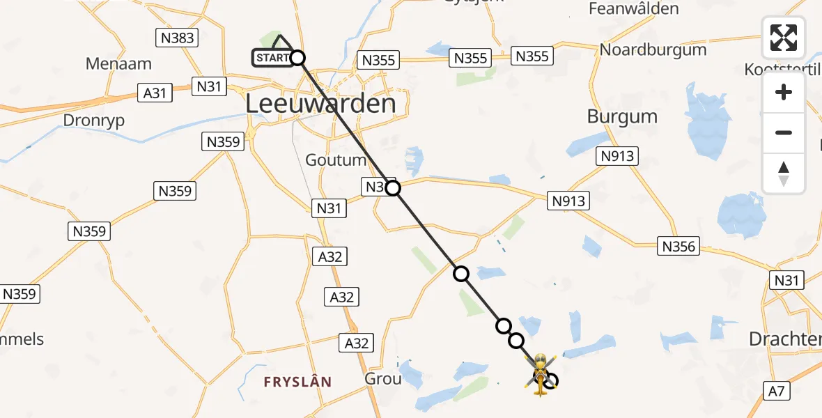 Vluchtroute Ambulancehelikopter Vliegbasis Leeuwarden - Goëngahuizen, 24 mei 2026, 07:08