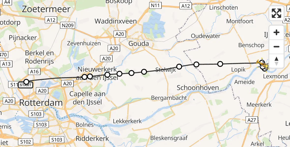 Vluchtroute Traumahelikopter Rotterdam The Hague Airport - Lopik, 24 mei 2026, 07:56