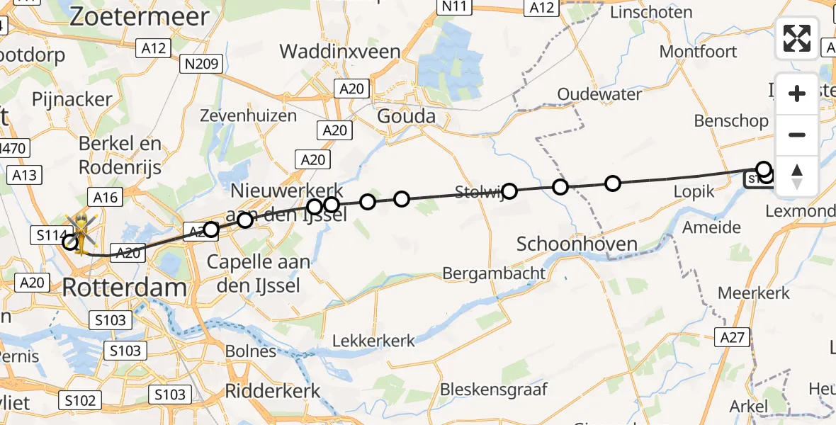 Vluchtroute Traumahelikopter Lopik - Rotterdam The Hague Airport, 24 mei 2026, 08:34