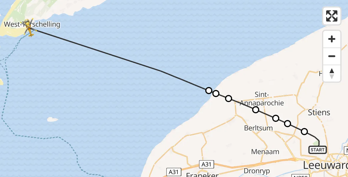 Vluchtroute Ambulancehelikopter Vliegbasis Leeuwarden - West-Terschelling, 24 mei 2026, 11:30