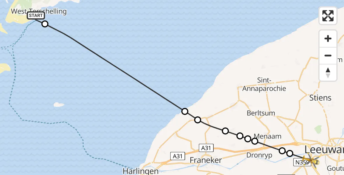 Vluchtroute Ambulancehelikopter West-Terschelling - Leeuwarden, 24 mei 2026, 11:56