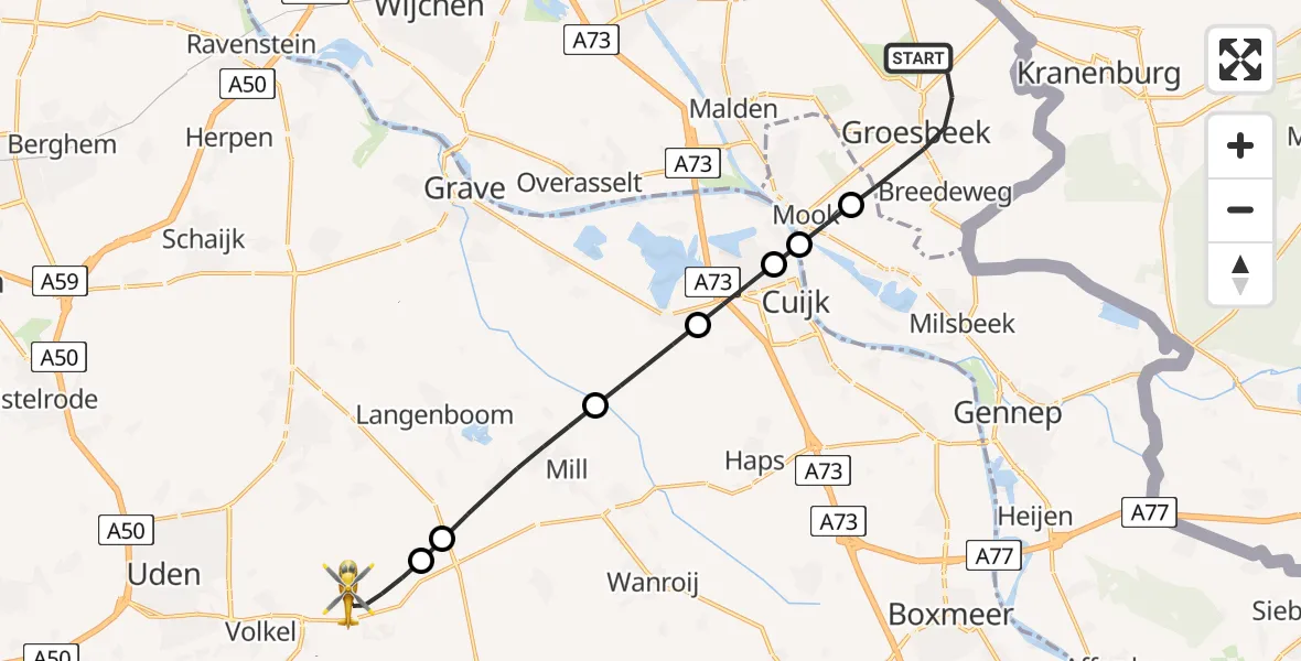 Vluchtroute Traumahelikopter Groesbeek - Vliegbasis Volkel, 24 mei 2026, 12:24