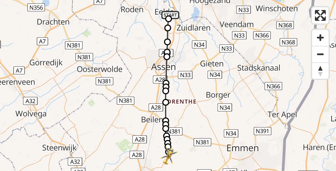 Vluchtroute Traumahelikopter Groningen Airport Eelde - Nieuw-Balinge, 24 mei 2026, 17:25