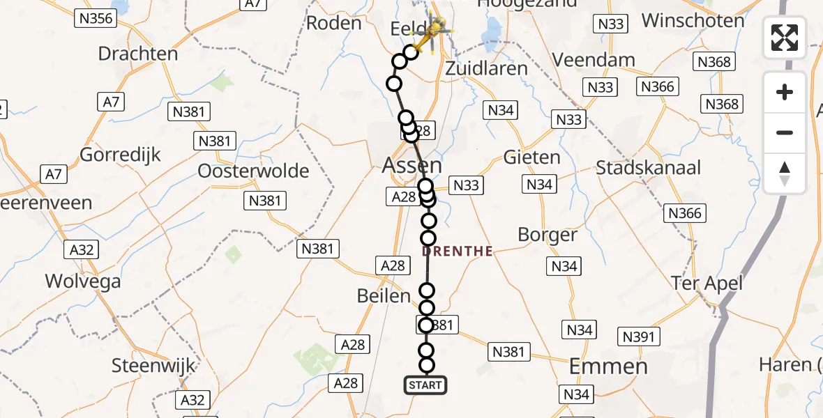 Vluchtroute Traumahelikopter Nieuw-Balinge - Groningen Airport Eelde, 24 mei 2026, 17:55