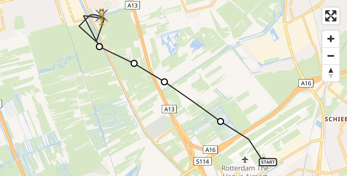 Vluchtroute Traumahelikopter Rotterdam The Hague Airport - Delft, 24 mei 2026, 18:05