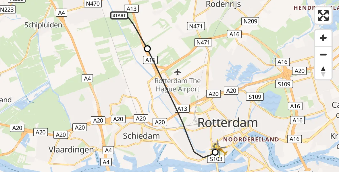 Vluchtroute Traumahelikopter Delft - Erasmus MC, 24 mei 2026, 18:38