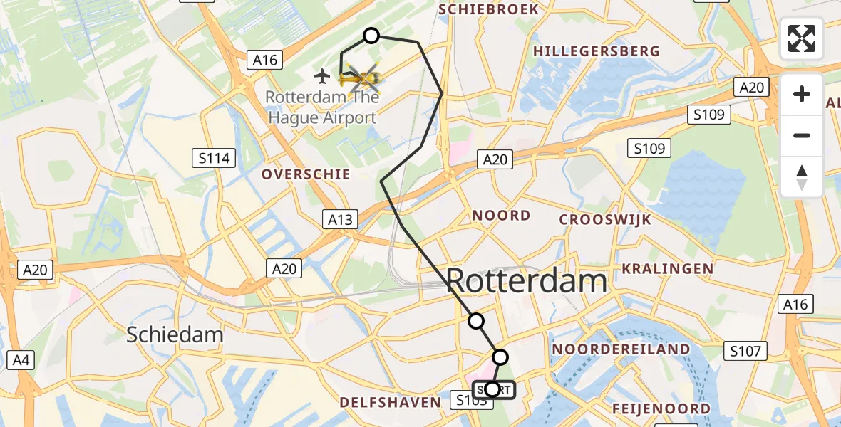 Vluchtroute Traumahelikopter Leids Universitair Medisch Centrum (LUMC) - Rotterdam The Hague Airport, 24 mei 2026, 19:11