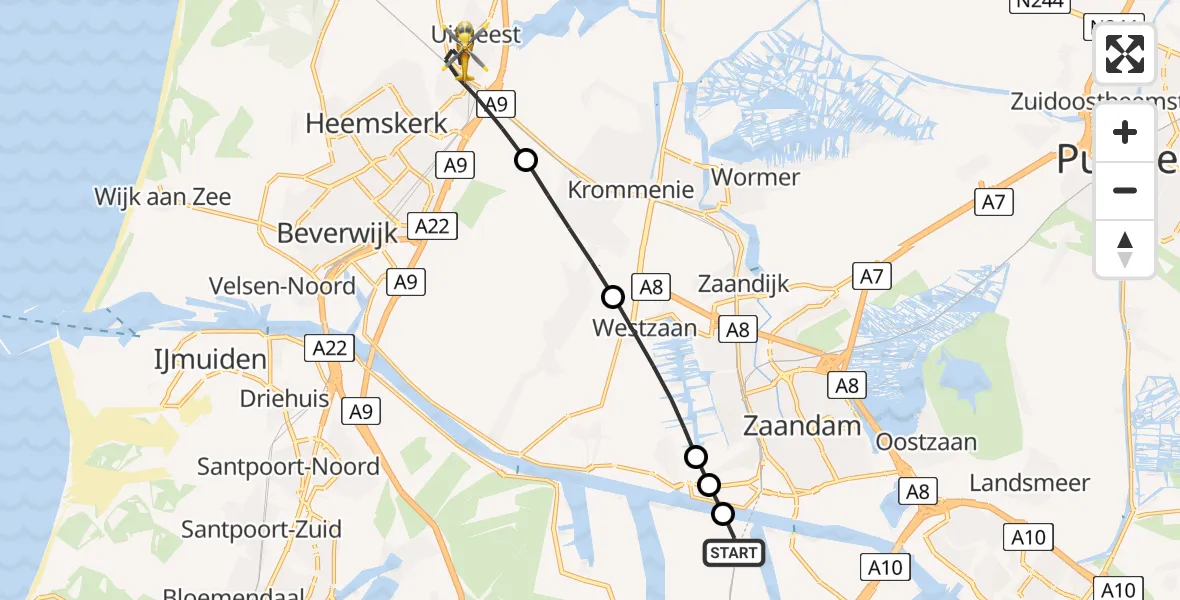 Vluchtroute Traumahelikopter Amsterdam Heliport - Uitgeest, 24 mei 2026, 19:22