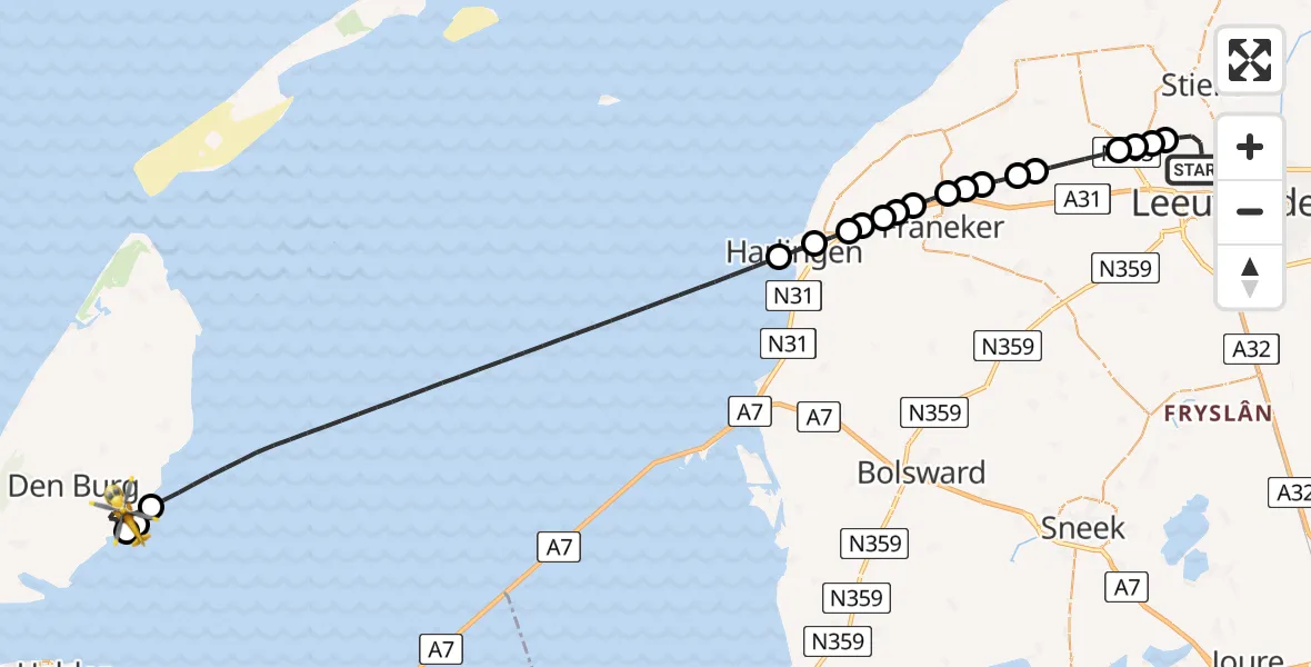 Vluchtroute Ambulancehelikopter Vliegbasis Leeuwarden - Oudeschild, 24 mei 2026, 19:41
