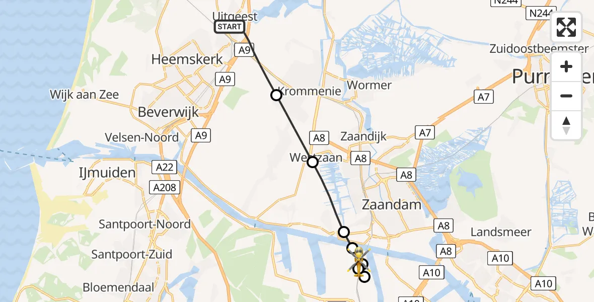 Vluchtroute Traumahelikopter Uitgeest - Amsterdam Heliport, 24 mei 2026, 19:45