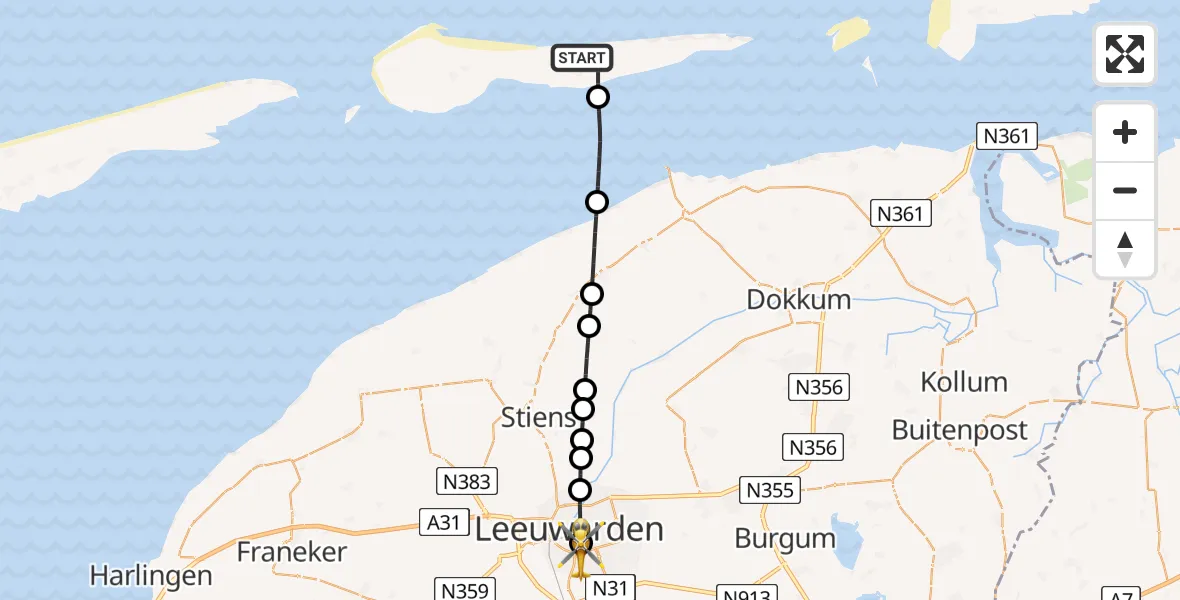 Vluchtroute Ambulancehelikopter Buren - Leeuwarden Medical Center Heliport, 24 mei 2026, 22:00