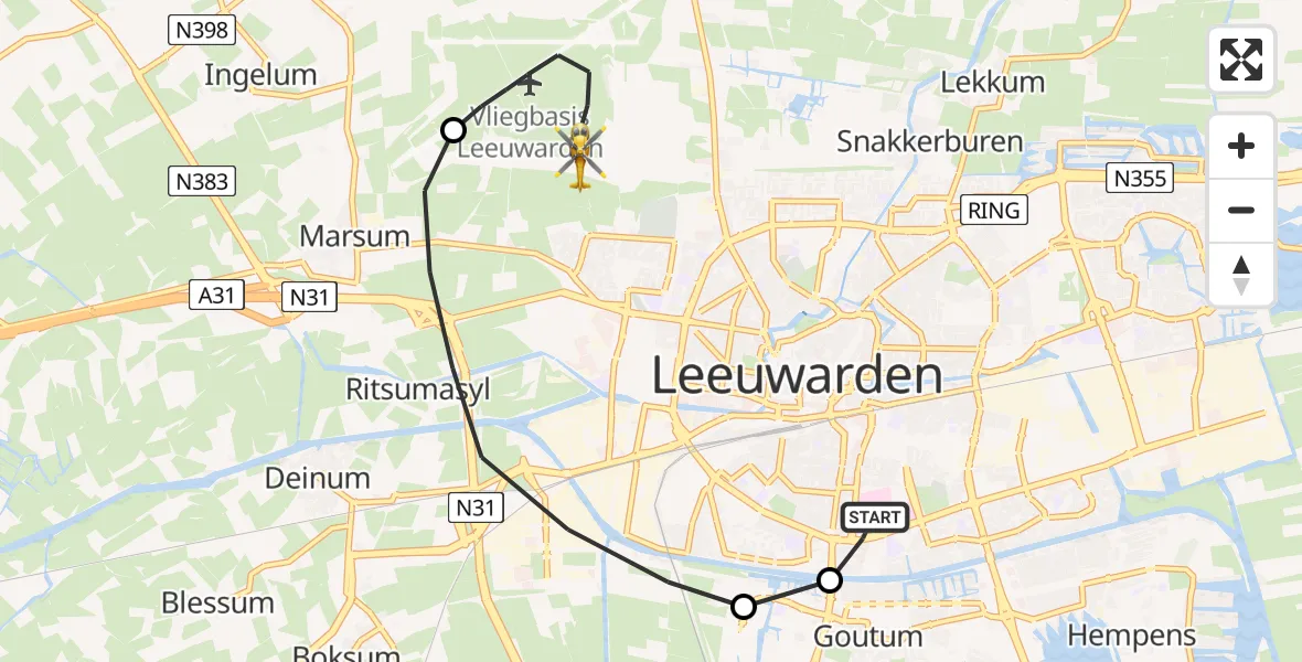 Vluchtroute Ambulancehelikopter Leeuwarden Medical Center Heliport - Vliegbasis Leeuwarden, 24 mei 2026, 22:39