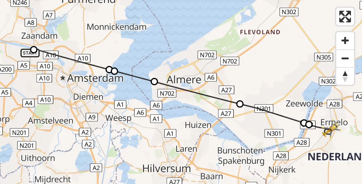 Vluchtroute Traumahelikopter Amsterdam Heliport - Ermelo, 25 mei 2026, 00:47
