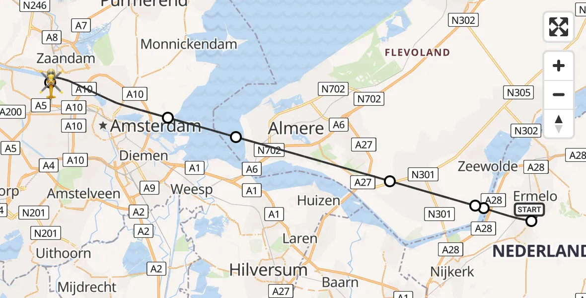 Vluchtroute Traumahelikopter Ermelo - Amsterdam Heliport, 25 mei 2026, 01:25