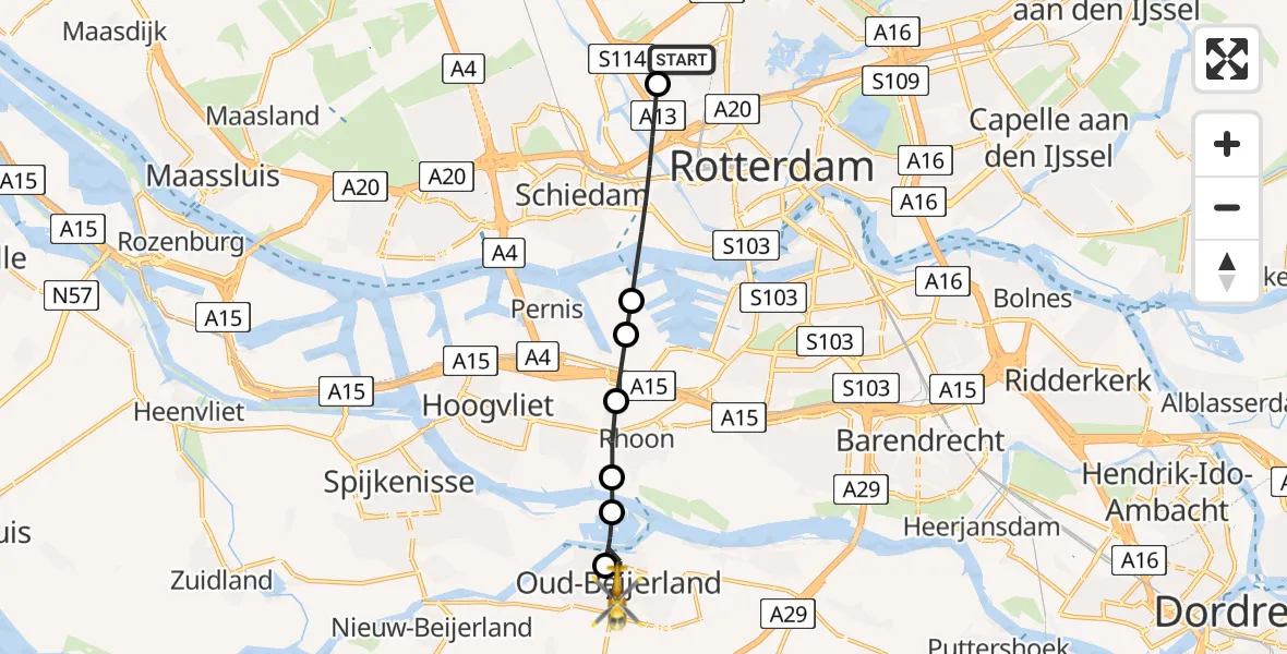 Vluchtroute Traumahelikopter Rotterdam The Hague Airport - Oud-Beijerland, 25 mei 2026, 05:42