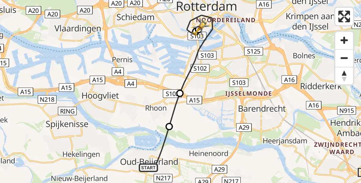 Vluchtroute Traumahelikopter Oud-Beijerland - Erasmus MC, 25 mei 2026, 06:36